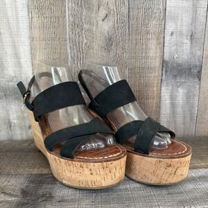 Womens Sam Edelman Destiny Black Leather Strappy Cork Wedges Sandals Size 9 M